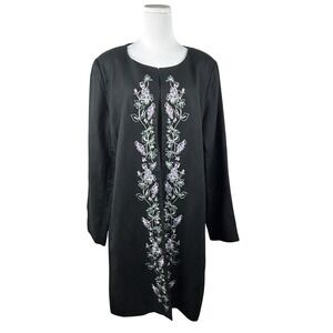 David N. Jacket Womens 16 Embroidered Floral Linen Blend Duster Black Open Front